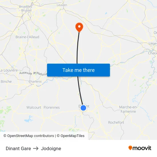 Dinant Gare to Jodoigne map