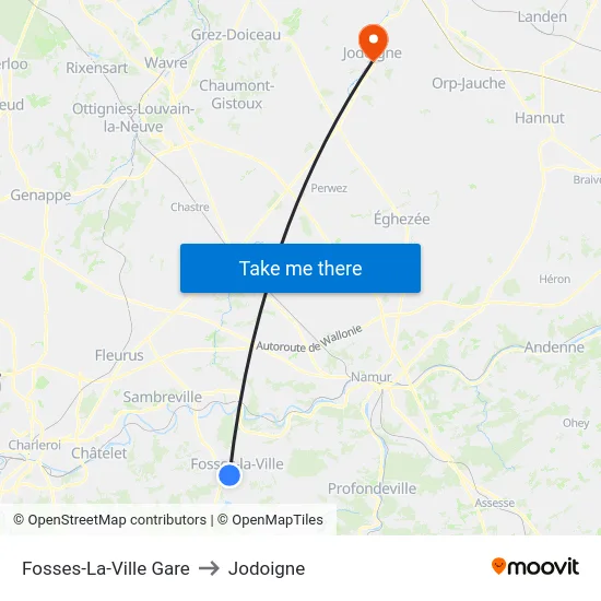 Fosses-La-Ville Gare to Jodoigne map