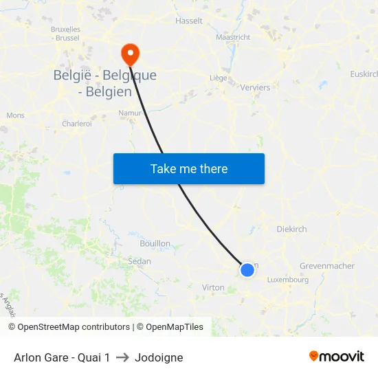 Arlon Gare - Quai 1 to Jodoigne map