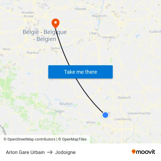 Arlon Gare Urbain to Jodoigne map