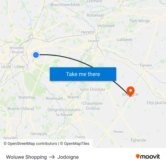 Woluwe Shopping to Jodoigne map
