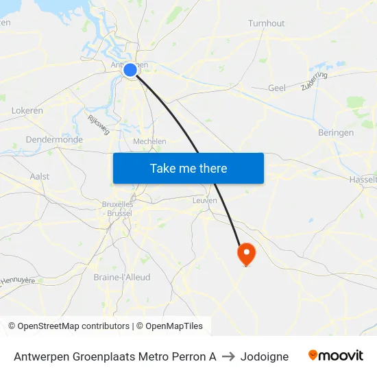 Antwerpen Groenplaats Metro Perron A to Jodoigne map