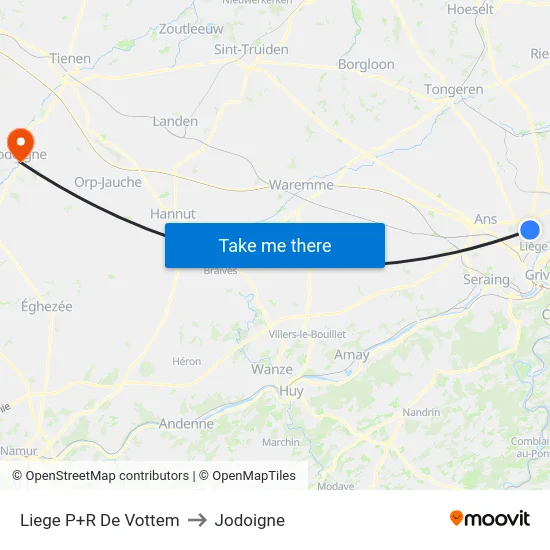 Liege P+R De Vottem to Jodoigne map