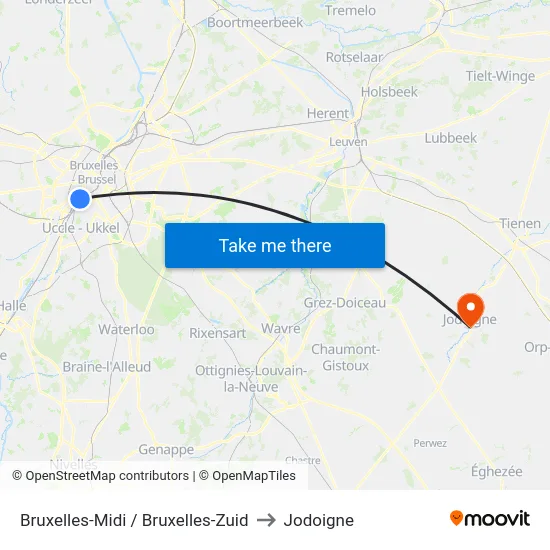 Bruxelles-Midi / Bruxelles-Zuid to Jodoigne map