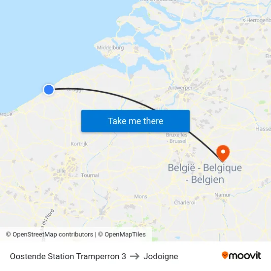 Oostende Station Tramperron 3 to Jodoigne map