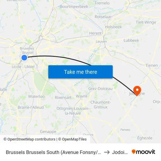 Brussels Brussels South (Avenue Fonsny/Eurolines) to Jodoigne map