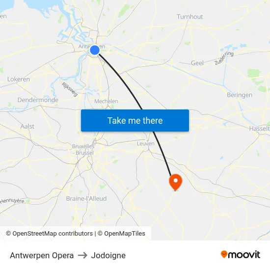 Antwerpen Opera to Jodoigne map