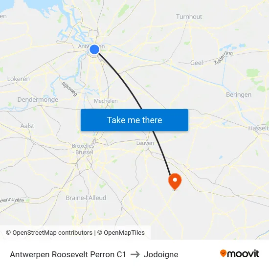 Antwerpen Roosevelt Perron C1 to Jodoigne map