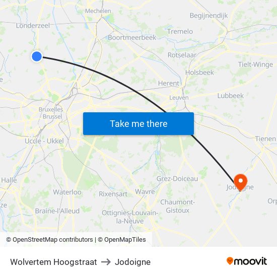 Wolvertem Hoogstraat to Jodoigne map