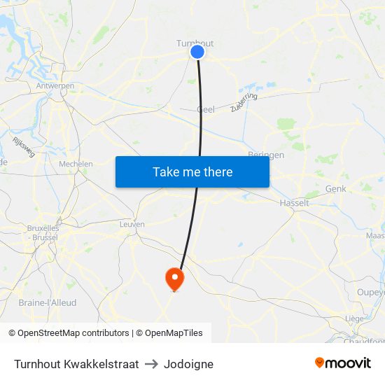 Turnhout Kwakkelstraat to Jodoigne map