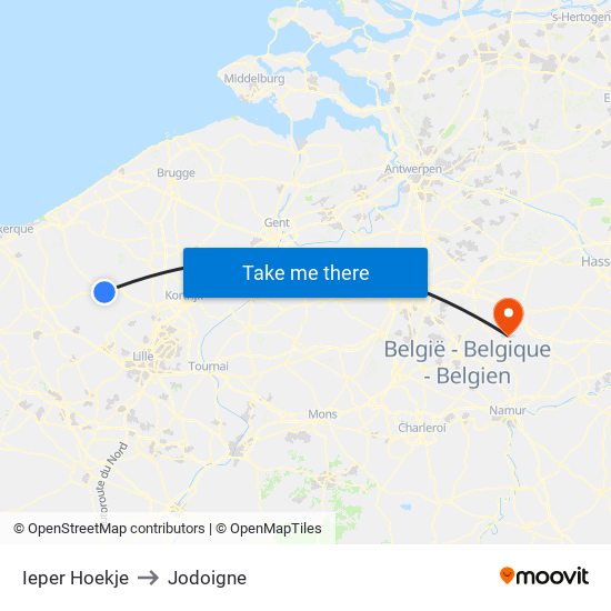 Ieper Hoekje to Jodoigne map