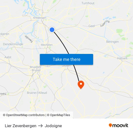 Lier Zevenbergen to Jodoigne map