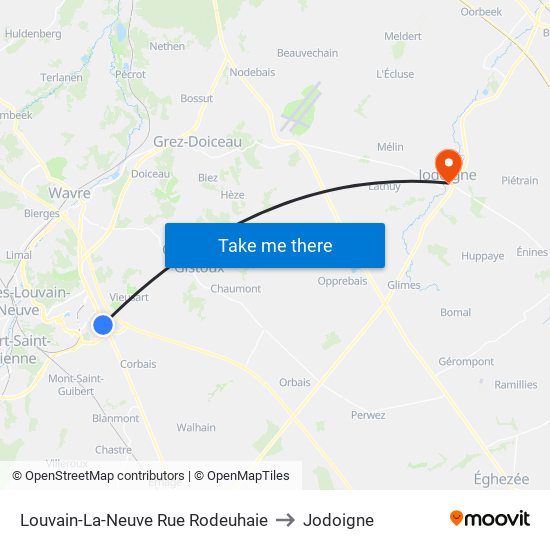 Louvain-La-Neuve Rue Rodeuhaie to Jodoigne map