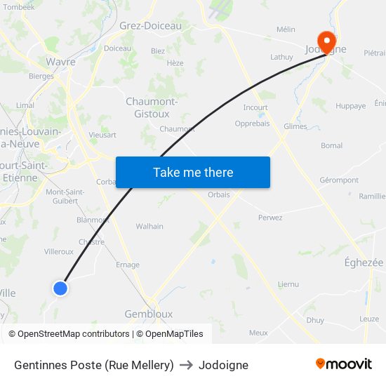 Gentinnes Poste (Rue Mellery) to Jodoigne map