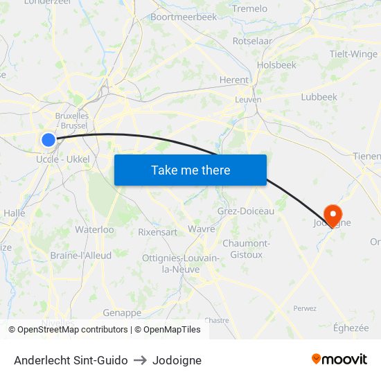 Anderlecht Sint-Guido to Jodoigne map