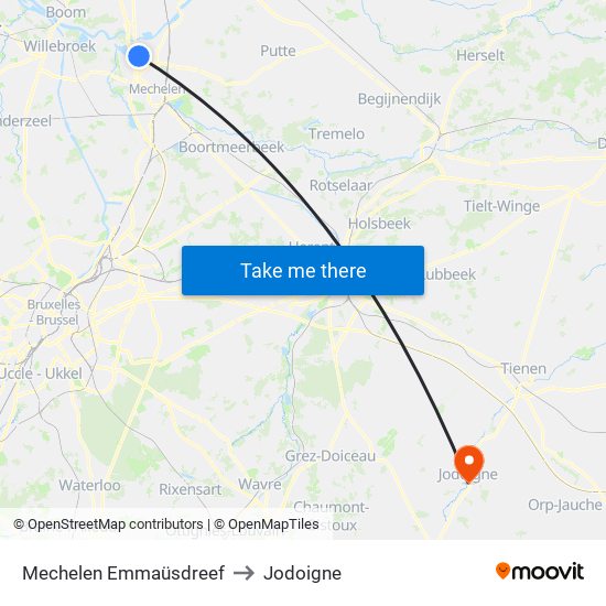 Mechelen Emmaüsdreef to Jodoigne map