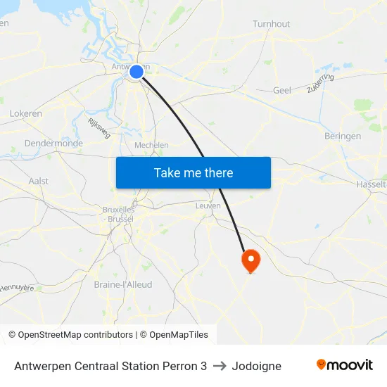 Antwerpen Centraal Station Perron 3 to Jodoigne map