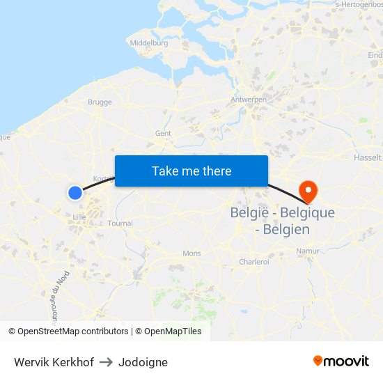 Wervik Kerkhof to Jodoigne map