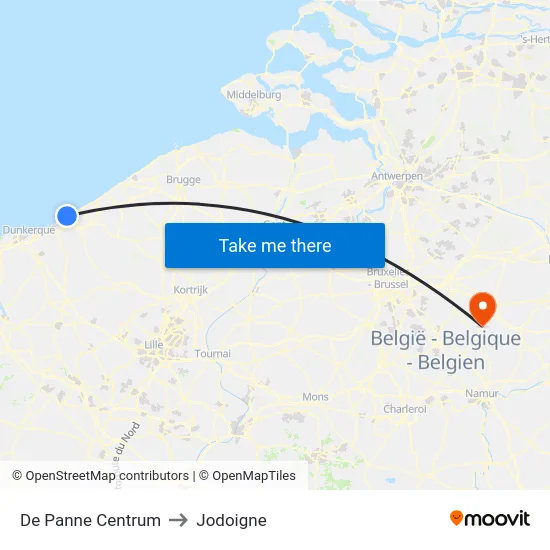 De Panne Centrum to Jodoigne map