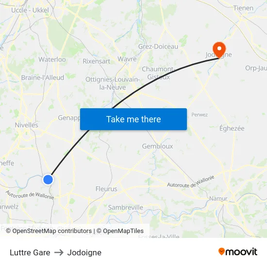 Luttre Gare to Jodoigne map