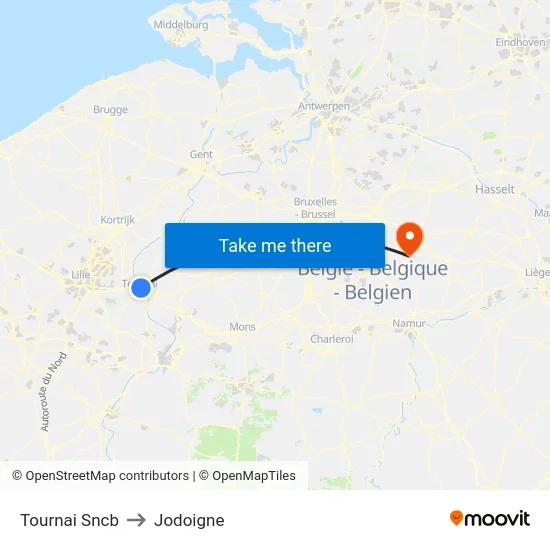 Tournai Sncb to Jodoigne map
