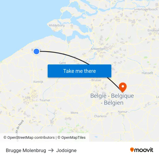 Brugge Molenbrug to Jodoigne map