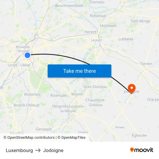 Luxembourg to Jodoigne map