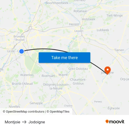 Montjoie to Jodoigne map