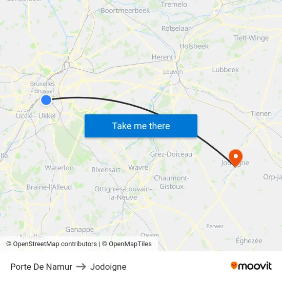 Porte De Namur to Jodoigne map