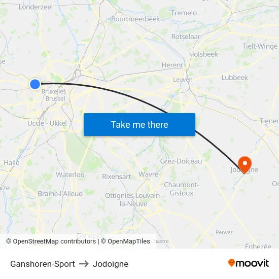 Ganshoren-Sport to Jodoigne map