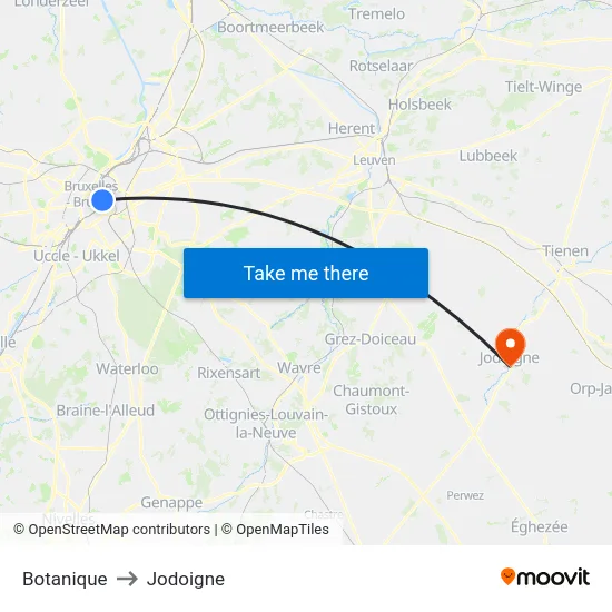 Botanique to Jodoigne map