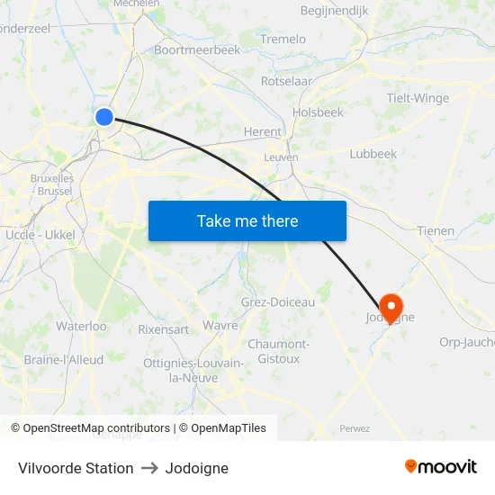 Vilvoorde Station to Jodoigne map
