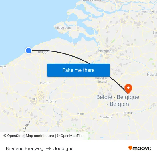Bredene Breeweg to Jodoigne map