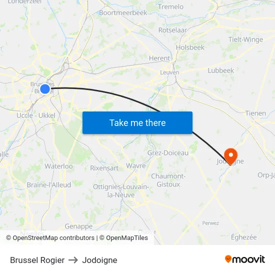 Brussel Rogier to Jodoigne map