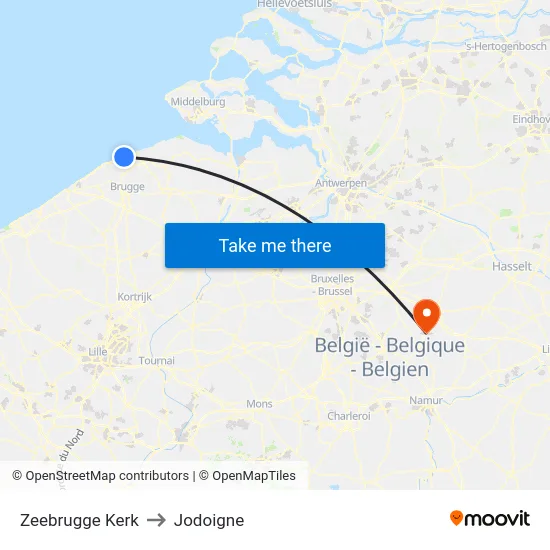 Zeebrugge Kerk to Jodoigne map