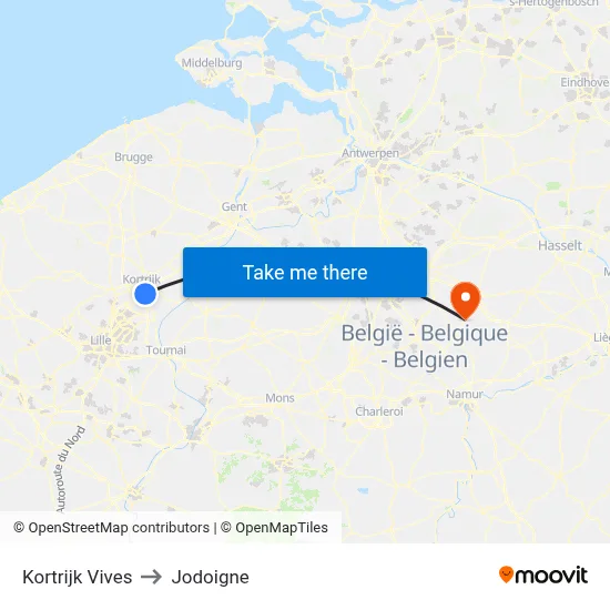 Kortrijk Vives to Jodoigne map
