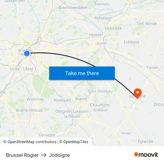 Brussel Rogier to Jodoigne map