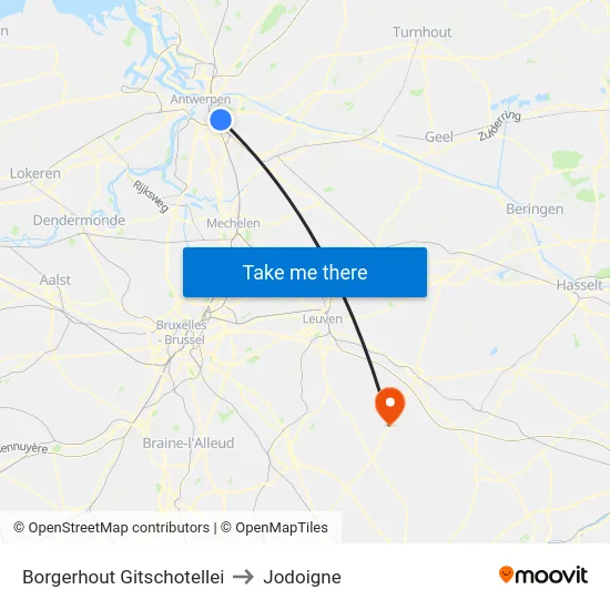 Borgerhout Gitschotellei to Jodoigne map