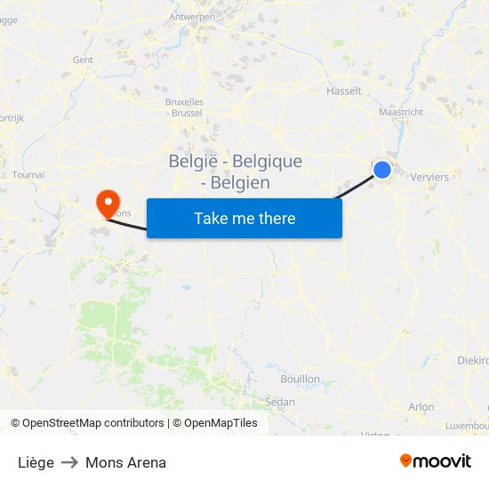 Liège to Mons Arena map