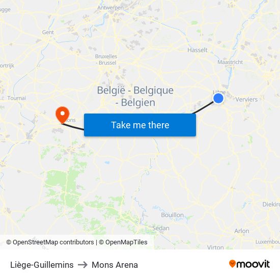 Liège-Guillemins to Mons Arena map