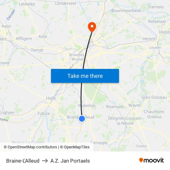 Braine-L'Alleud to A.Z. Jan Portaels map