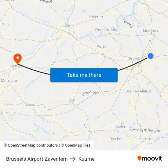 Brussels Airport-Zaventem to Kuurne map