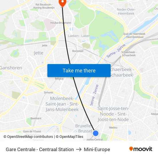 Gare Centrale - Centraal Station to Mini-Europe map