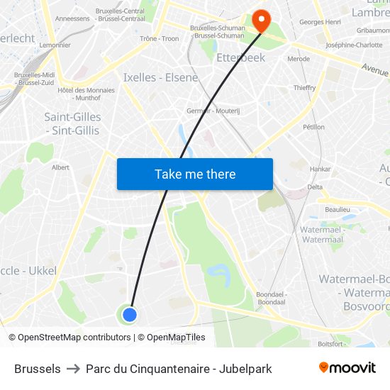 Brussels to Parc du Cinquantenaire - Jubelpark map