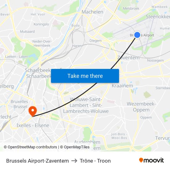 Brussels Airport-Zaventem to Trône - Troon map