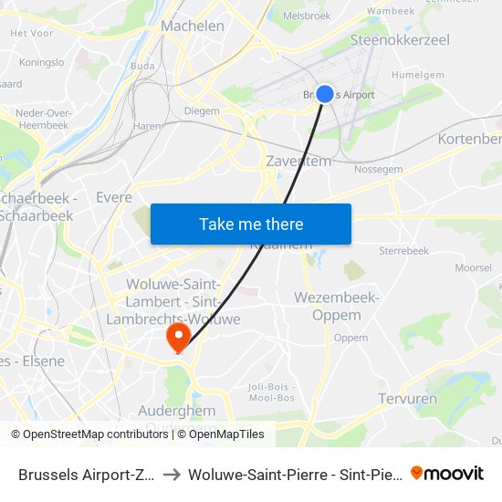 Brussels Airport-Zaventem to Woluwe-Saint-Pierre - Sint-Pieters-Woluwe map