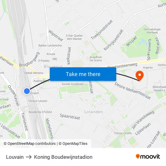 Louvain to Koning Boudewijnstadion map