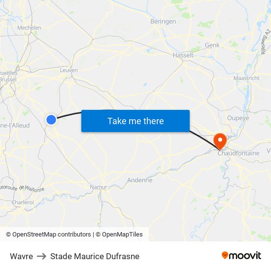 Wavre to Stade Maurice Dufrasne map
