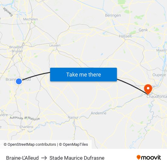 Braine-L'Alleud to Stade Maurice Dufrasne map