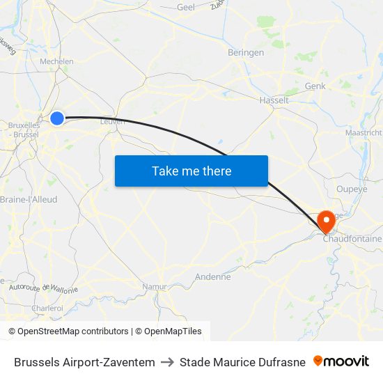 Brussels Airport-Zaventem to Stade Maurice Dufrasne map